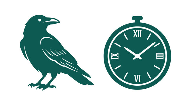 Raven bird and antique pocket watch icon set with wildlife numerals blackbird creature silhouette timepiece watchmaker abstract collection