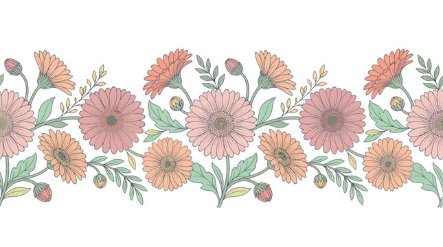 Pastel calendula floral seamless border pattern with green leaves