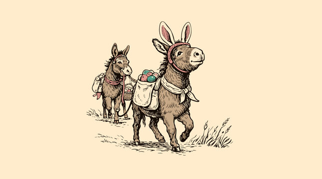 Whimsical vintage donkeys wearing bunny ears carrying baskets of Easter eggs, retro hand-drawn engraving for holiday greeting cards and t-shirt design