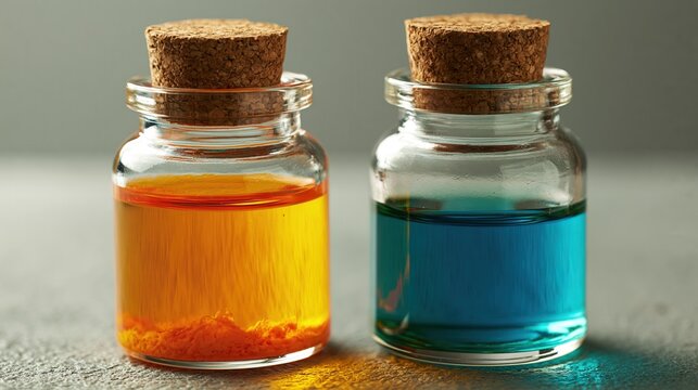 Miniature glass vials with corks contain vibrant orange and blue liquids, highlighting their distinct colors.