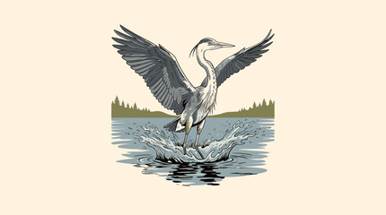 Fototapeta premium Majestic vintage great blue heron taking flight from lake water with a splash, retro graphic illustration for t-shirt design and lake house branding
