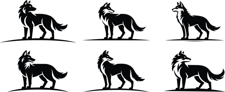 Fierce standing wolf silhouette icons set with sharp fur details for sports mascot and corporate security logos