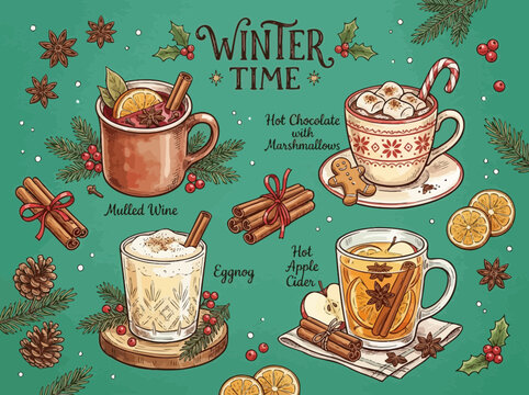 A delightful assortment of cozy winter beverages for the holiday season, including mulled wine, hot chocolate, eggnog, and hot apple cider