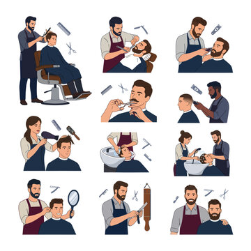 
Illustrated Barbershop Scenes Showing Haircut, Shaving, Beard Trim and Grooming Services