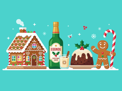 Festive Christmas treats featuring gingerbread house, eggnog, pudding, and gingerbread man