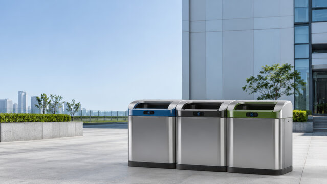 Smart recycling bins support automated waste sorting outside modern building