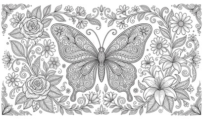 Fototapeta premium Butterfly and Flowers Adult Coloring Page Line Art
