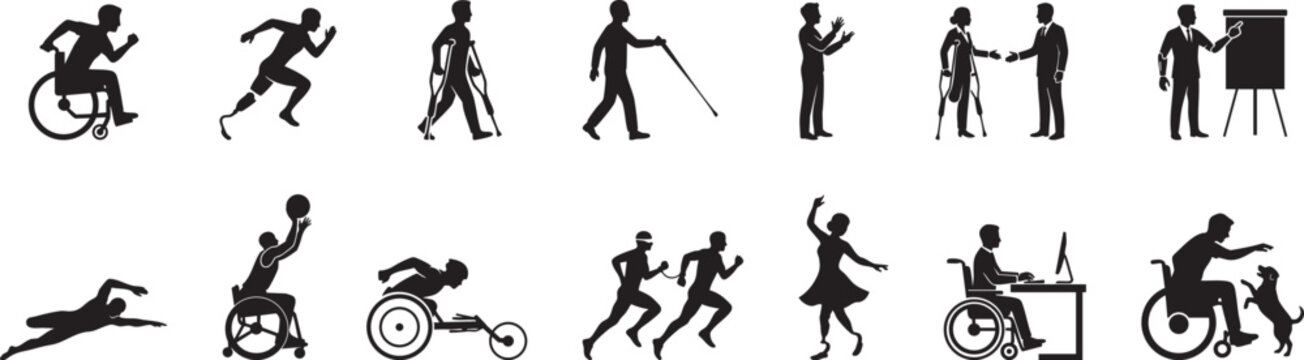 Disabled People Silhouette Set Wheelchair Prosthetic Leg Crutches Para Athlete Active Life Vector Design