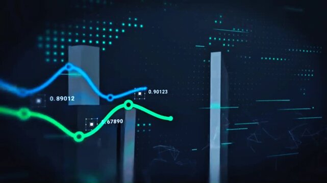 Animated digital stock market chart with fluctuating 3D bar graphs and lines. Concept of financial data analysis, forex trading trends, global economy statistics, and corporate investment risks.