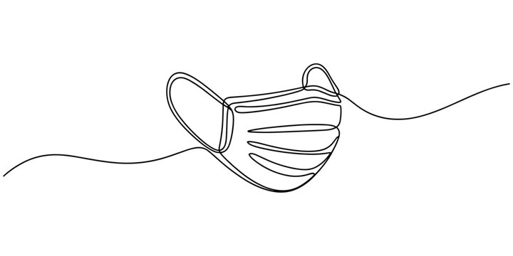 Single continuous line of a medical face mask with ear loops medical mask surgical mask protection health continuous one line drawing in white background