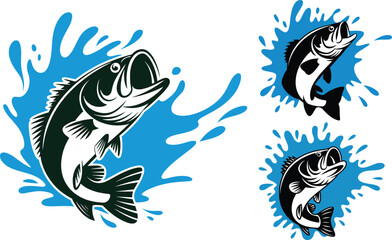 Fototapeta premium Largemouth bass fishing vector logo set featuring jumping fish with blue water splash isolated on white background