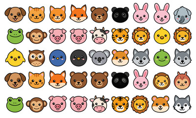 Fototapeta premium Animals Faces Kawaii Colorful Icons