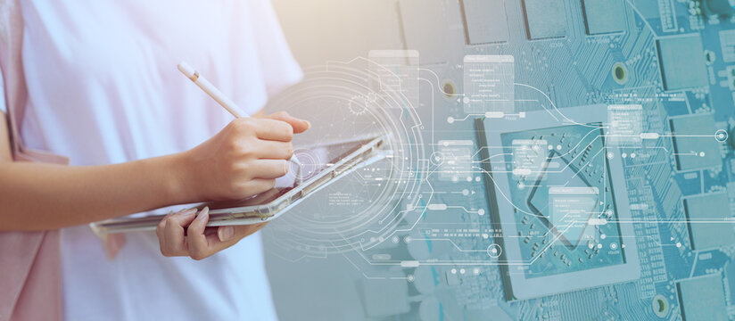 AI Technology for New generation people Smart Education, Chip programmer wide banner concept.