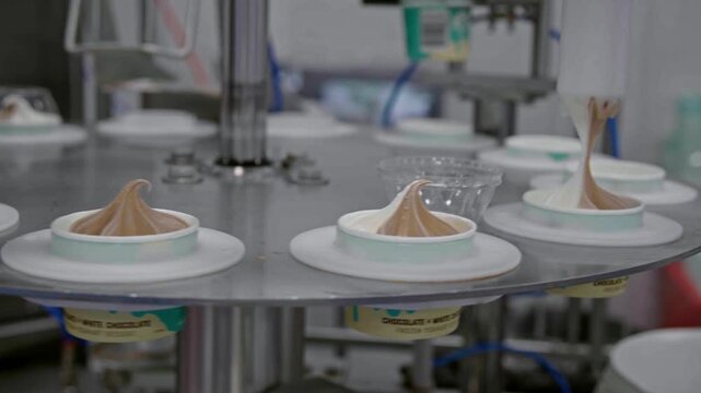 Chocolate and vanilla soft serve ice cream mixture is dispensed into cups on an automated production line in a food manufacturing facility. Close-up of industrial dessert filling and packaging process
