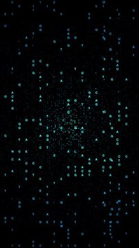 Abstract digital background featuring cascading genetic letters and binary code on a virtual matrix grid. Futuristic vertical video graphic for biotechnology, advanced AI science, and cyber medicine