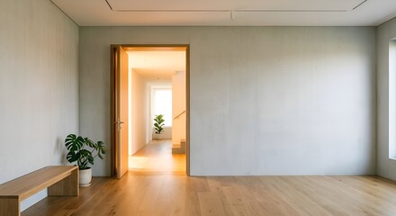 Fototapeta premium Contemporary Interior Hallway with Plants and Wooden Bench