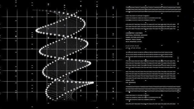 Abstract digital DNA sequence helix spinning next to automated medical research data readouts. Clean HUD asset for biotechnology presentations, clinical cloning, and genomics.