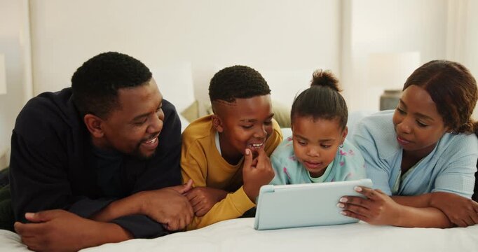 Happy, parents and children with tablet in bedroom, elearning or watching cartoons with subscription. Family, smile and black people with tech on bed, scroll and online education for kids in house