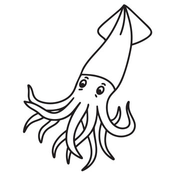 Cute cartoon squid with big eyes vector illustration. Hand drawn funny marine octopus creature, ocean sea life tentacles doodle, coloring page element