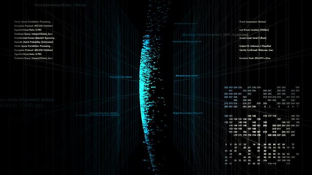 Futuristic biometric identity verification interface scanning a digital fingerprint. Advanced HUD asset for cyber security clearances, personal data privacy, and tech corporate video.