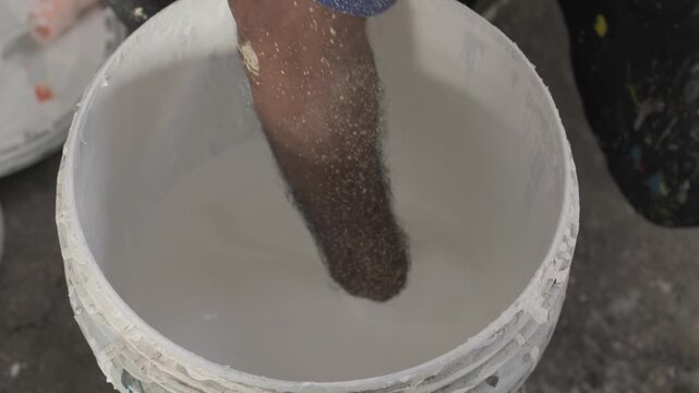 Worker preparing a custom wall color by mixing paint in a bucket, creating a unique shade for painting and renovation projects.