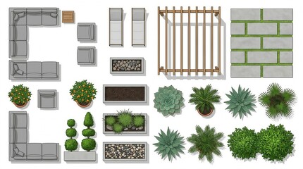 Fototapeta premium Outdoor patio furniture plant illustration set with sofas chairs pergola shrubs decor