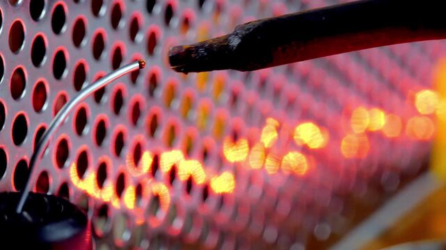 Close-up Shot of Soldering Iron Tip Melting Solder Wire on Workshop Background. Electric Repair Process Emits Smoke from Flux Component. Engineering Maintenance Service of Hardware Object 4k