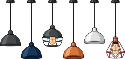 Industrial Vintage Pendant Lamp Icon Set with Modern Hanging Ceiling Light Fixtures Cage Guards and Edison Bulbs Vector Graphic Illustration © EdGe Creative