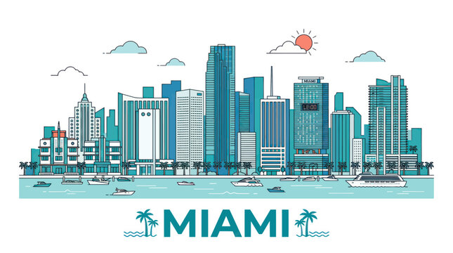 Miami florida city skyline with skyscrapers and waterfront yachts