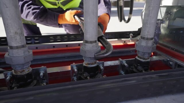 Worker tightening a nut with groove joint pliers in slow motion. Industrial maintenance, tools, manufacturing, precision work
