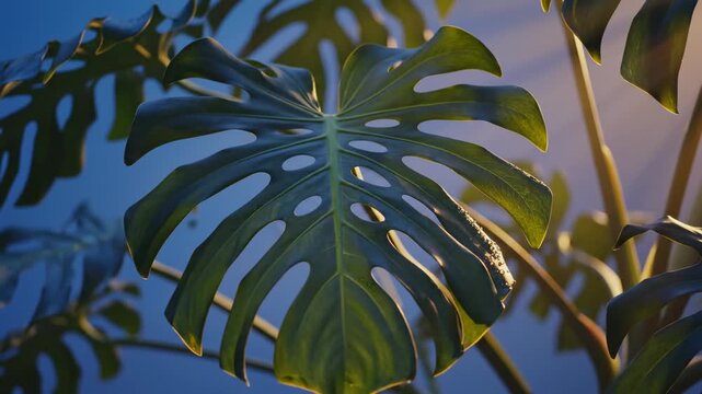 Detailed monstera deliciosa leaf illuminated by warm sunlight with a soft blue background, showcasing natural tropical patterns and textures