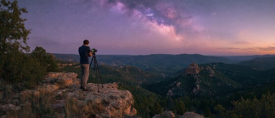 Obraz premium Photographer shooting the milky way from a rocky cliff overlooking a forested valley at dusk for landscape background and travel poster
