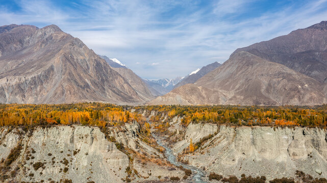 Aerial view of Nomal Valley featuring vibrant autumn foliage along the rocky gorge with a winding river and towering mountain peaks in Garelt, Gilgit, Pakistan.