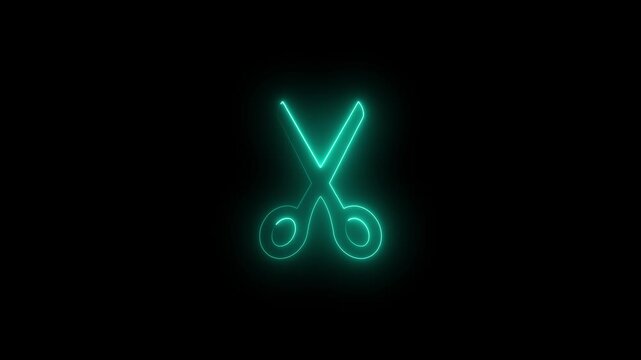 Neon scissors animation glowing teal sign on black background