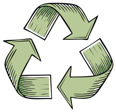 Green hand drawn recycling symbol with arrows in a continuous loop