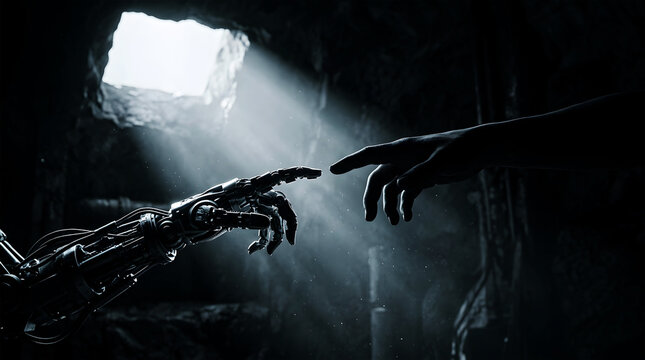 Robotic hand and human finger reaching towards each other in dark cave image