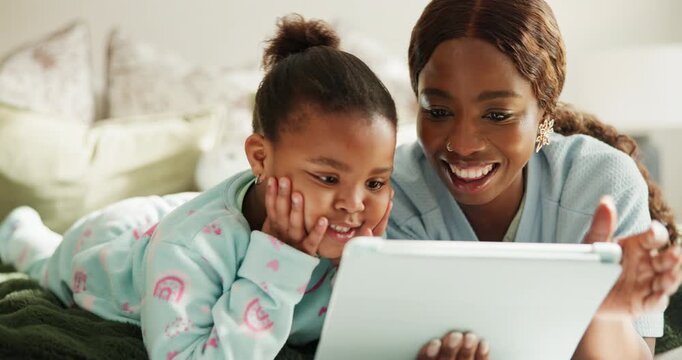 Mom, scroll and child with tablet in bedroom, elearning and watching educational cartoons on website. Family, home and black woman with girl on bed, smile and app subscription for online education