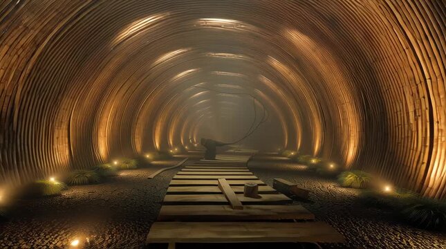 Bamboo Tunnel Stock Video with Pathway and Glowing Lights