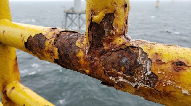 Rusted yellow railing on offshore platform showing corrosion and decay for safety inspection and maintenance background