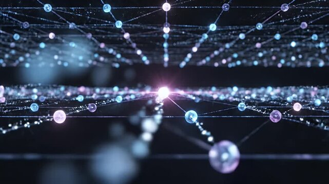 A mesmerizing abstract visualization depicts a complex network of interconnected nodes and glowing lines against a dark background, suggesting data flow and digital connectivity.