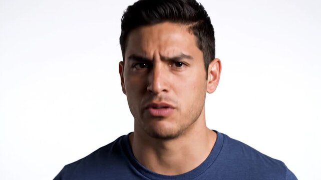 A young man looks down with a confused facial expression