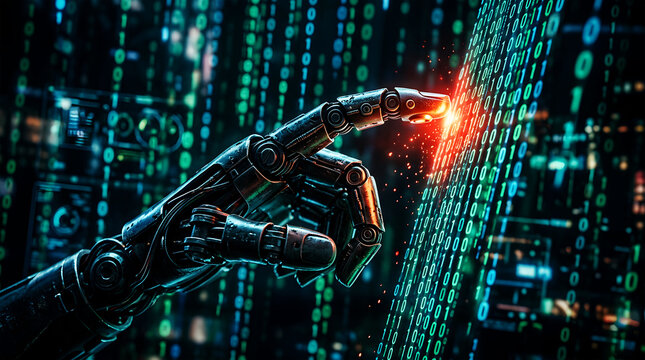 Robotic hand touching glowing binary code data stream with sparks artificial intelligence