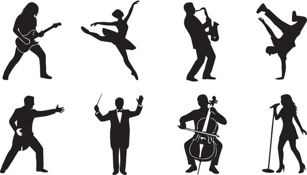 Set of performing arts silhouettes featuring musicians, singers, and dancers for entertainment and event designs