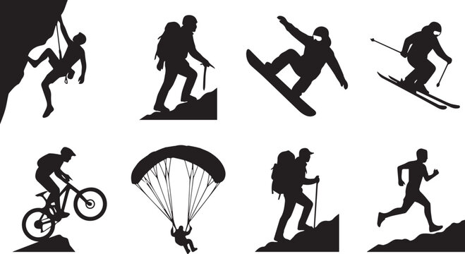 Extreme adventure sports and mountain recreation silhouettes icon set representing active lifestyle and outdoor fitness activities