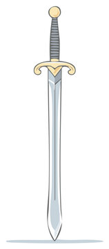 A stylized medieval sword with a golden pommel and guard on a white background