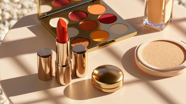 Assorted high-end makeup products, including a vibrant red lipstick and an eyeshadow palette, are displayed in bright.