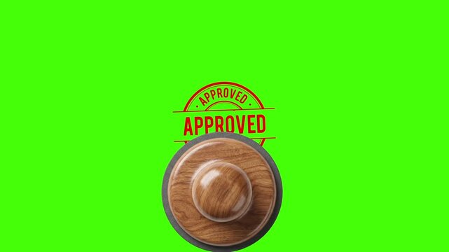 Red approved stamp seal with wooden handle on green screen red approved stamp, wooden stamp, approval seal, stamp imprint, green screen, chroma key, verification, certified, quality control, overlay