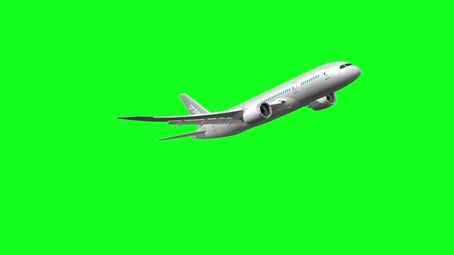 Passenger jet ascending in flight on green screen chroma key passenger jet, ascending, flying, green screen, chroma key, airliner, isolated aircraft, aviation, travel, transportation