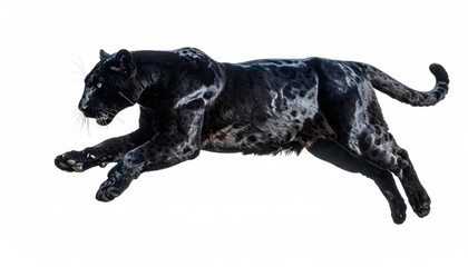 Fototapeta premium Black leopard running fast on white background.