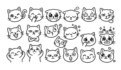 Fototapeta premium Hand Drawn Cute Cat Emotion Doodles Collection with Funny Cartoon Facial Expressions Vector Icons